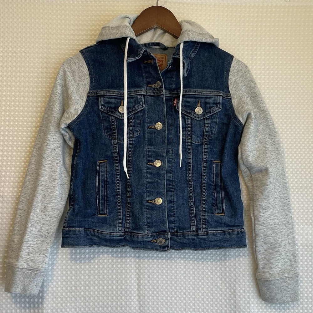 Levi's Dark Blue Denim Jacket with Gray Hoodie Sleeves
